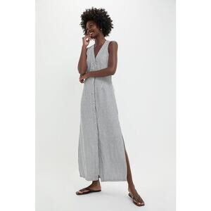 ONIA Deep Navy Striped Air Linen Button Down Maxi Dress Size M NWT